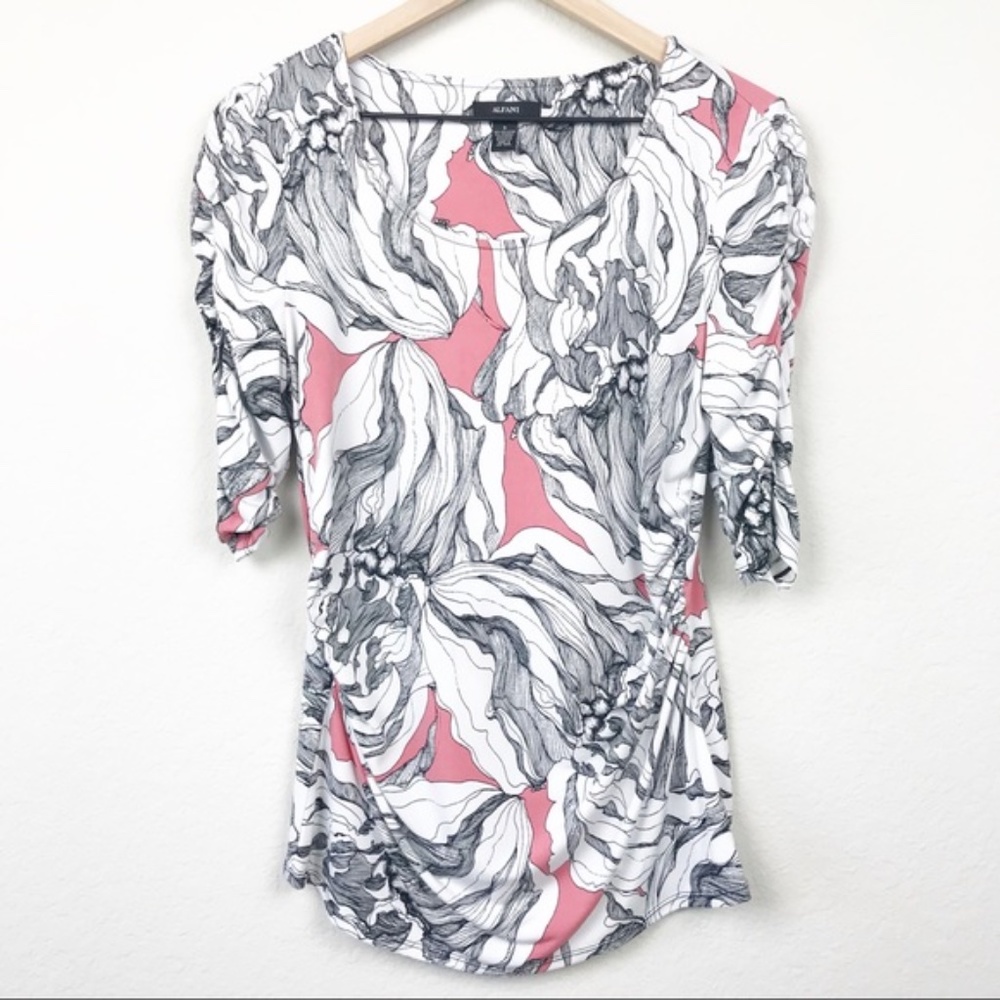 Alfani Floral Printed Blouse Ruched Pink and White